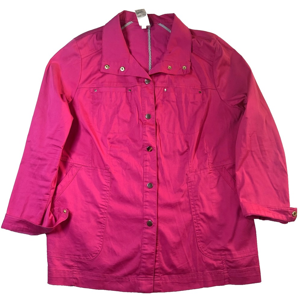 Chico's Twill Jacket Womens L Pink Snap Front Mid Length Lightweight Travel